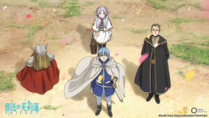 精灵芙莉莲（后）与欣梅尔（中）、海塔（右）及艾冉（左）一起组成勇者队伍讨伐魔王。