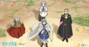 精灵芙莉莲（后）与欣梅尔（中）、海塔（右）及艾冉（左）一起组成勇者队伍讨伐魔王。